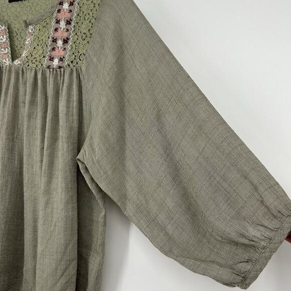 Azel Hazel Hazel Haze Boho Crop Top Green Lace Embroidered 3/4 Sleeve Size M - Picture 3 of 9